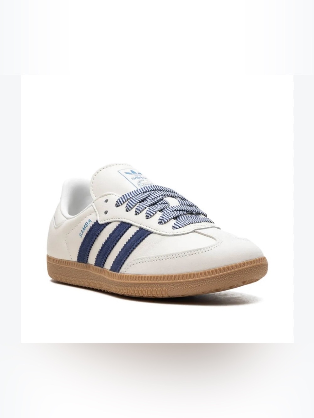 Adidas Samba OG Off White Blue" sneakers with Navy Stripes and Gum Sole NWOT